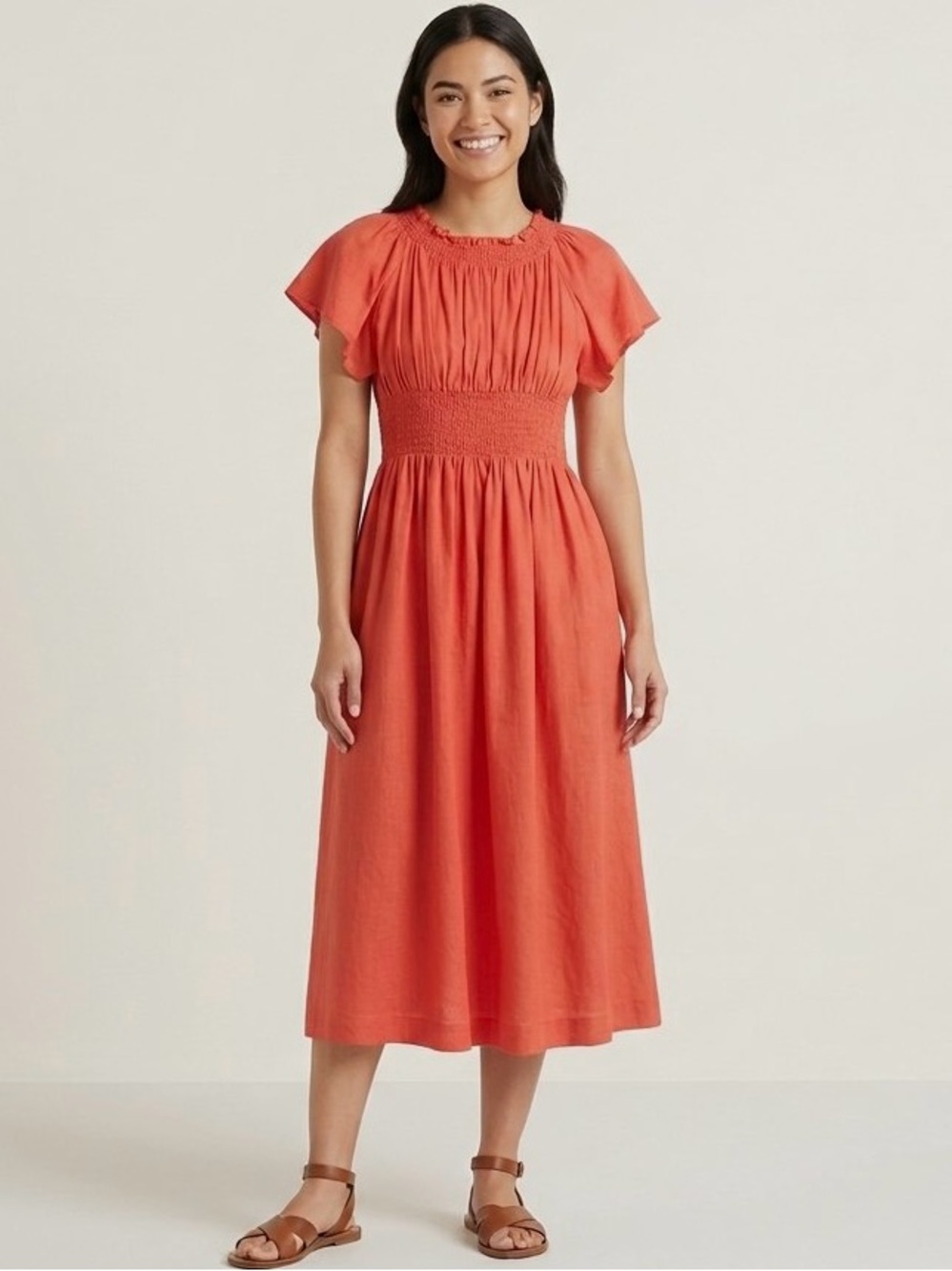 Zara‎ Flowy Flutter Sleeve Linen Blend Midi Knee Length Dress, Coral Red, Size L